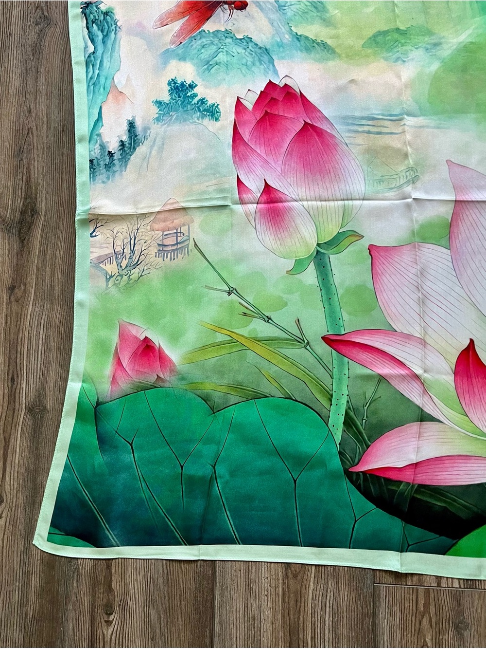 100% silk Florals  Lotus Silk Scarf with Pink & Green Watercolor Design - Picture 5 of 10